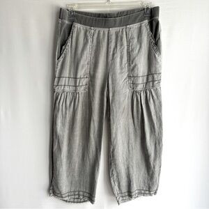 XCVI Linen Cropped Pants Large Gray Green Stretch Waist Shell Button Detail L
